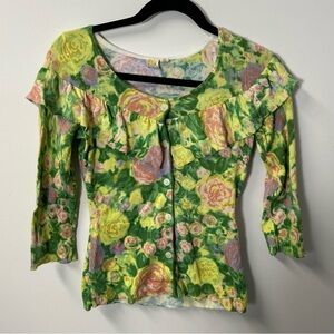 ANTHROPOLOGIE yellow bird women's green multi colour floral ruffled cardigan, XS